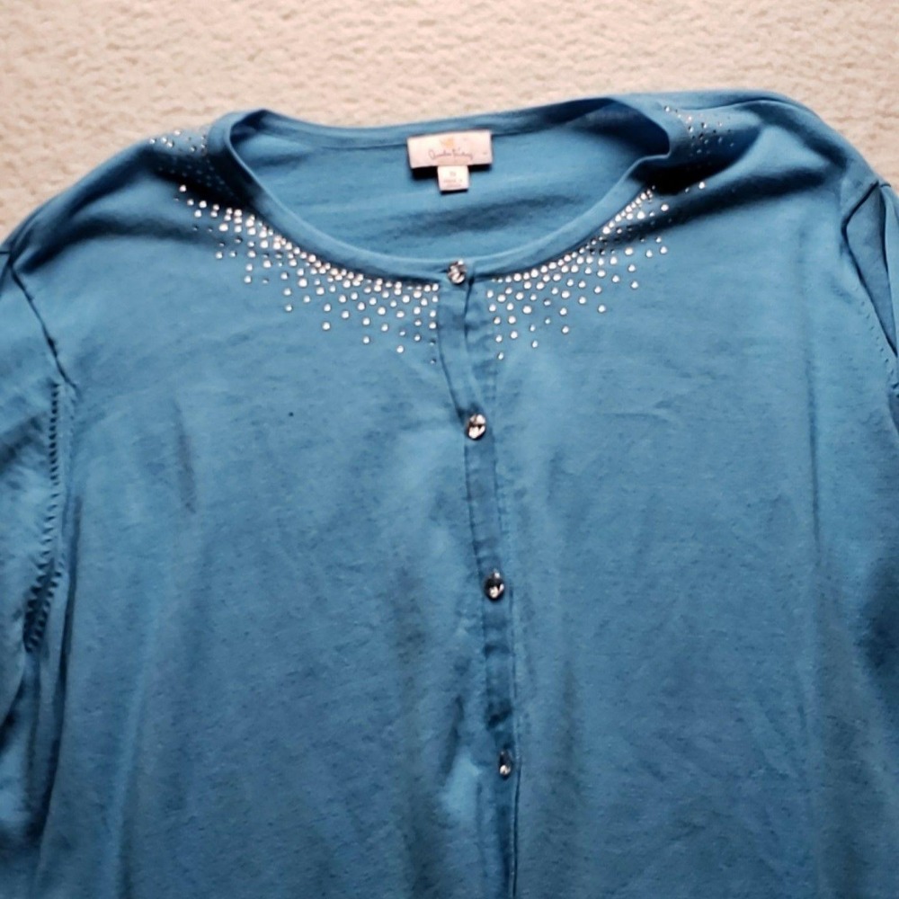 Quacker Factory Cardigan Sweater Womens 3X Blue Rhinestone Crew Neck Knit
